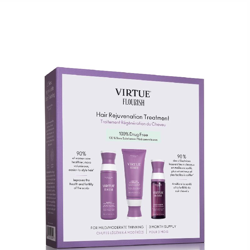 Virtue Flourish Hair Rejuvenation Treatment 3 Month Supply Set (Shampoo 240ml, Conditioner 200ml, Serum 120ml)