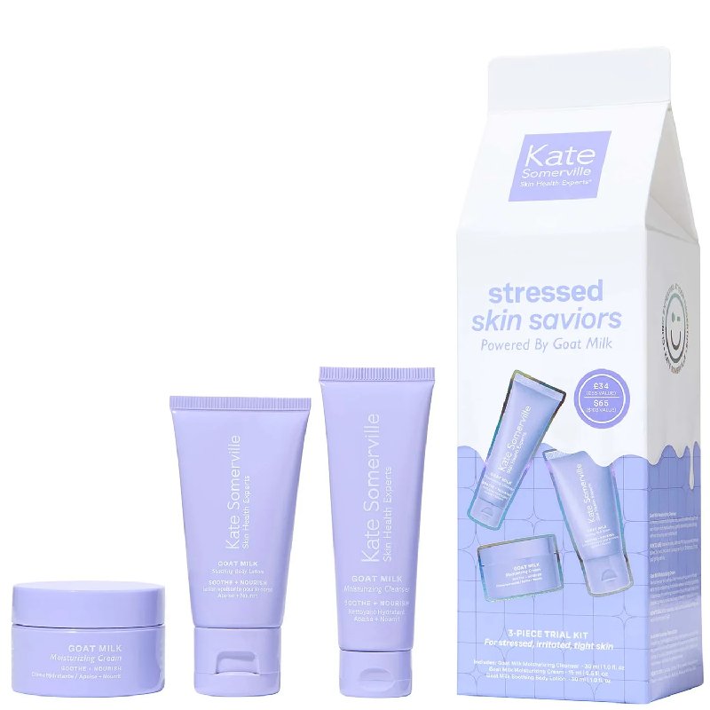 Kate Somerville Stressed Skin Saviors Goat Milk Trio Set 30ml Cleanser 15ml Cream 15ml Lotion