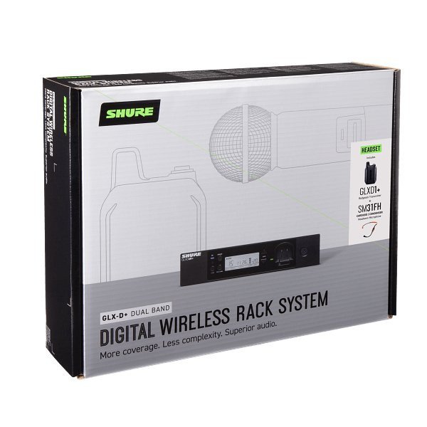 Shure GLX-D+ Dual Band Wireless Rack System with SM31 Headset Microphone and GLXD4R+ Half-Rack Receiver