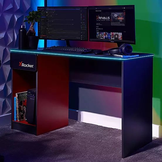 X Rocker Carbon-Tek 120cm LED Gaming Desk with Wireless Charging in Grey/Red RGB
