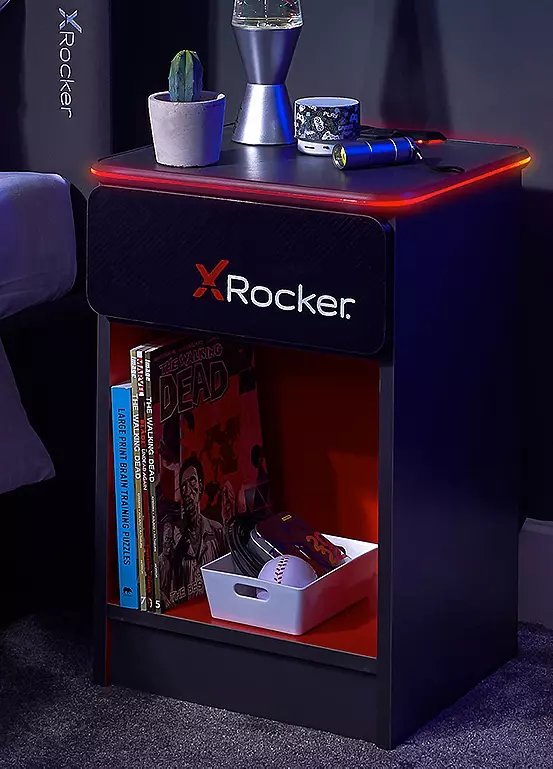 X Rocker Carbon-Tek Bedside Table with Wireless Charging and LED Lights in Grey/Red