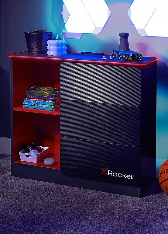 X Rocker Carbon-Tek Gaming Chest of 3 Drawers with LED Lights - Grey/Red