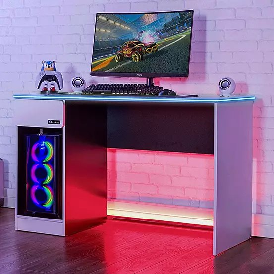 X Rocker Carbon-Tek Gaming Desk with Wireless Charging & Neo Fibre LED Lighting - White