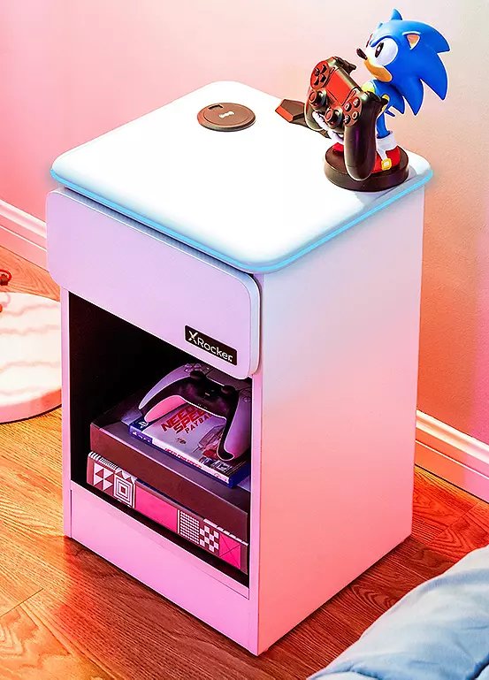 X Rocker Carbon-Tek Bedside Table with Wireless Charging and LED Lights - White