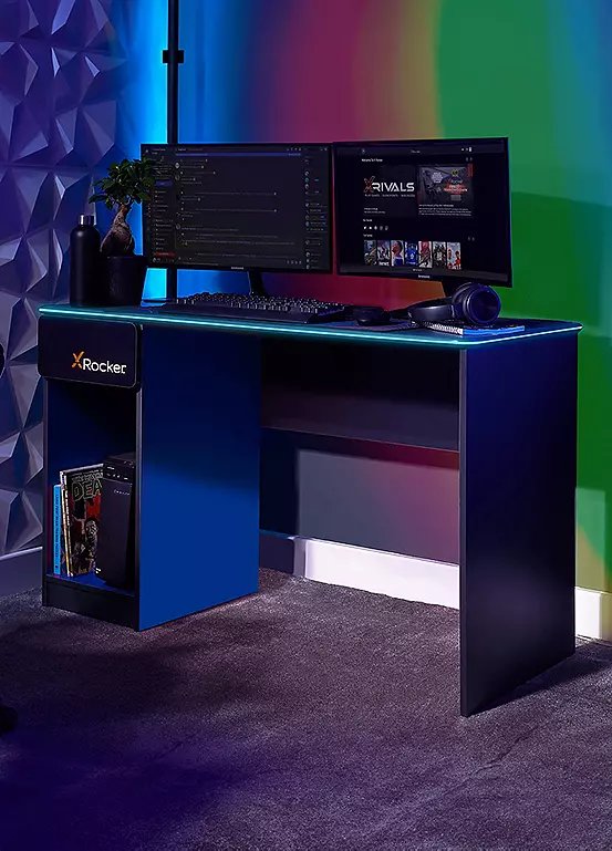 X Rocker Carbon-Tek Gaming Desk with Wireless Charging & LED Lights - Grey/Blue