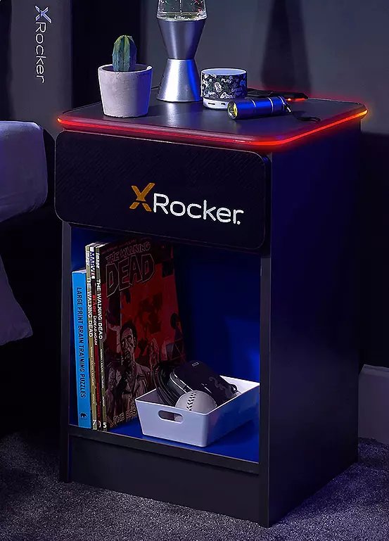 X Rocker Carbon-Tek Bedside Table with Wireless Charging & LED Lights in Grey/Blue