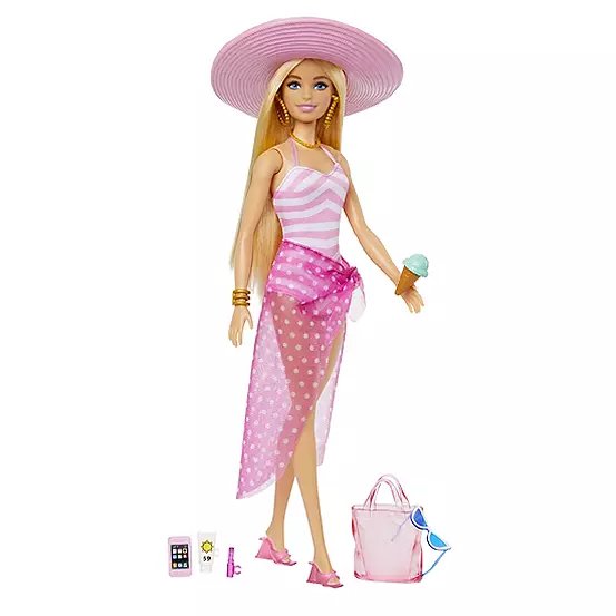 Barbie the Movie Beach Day Barbie Doll with Pink Swimsuit and Accessories