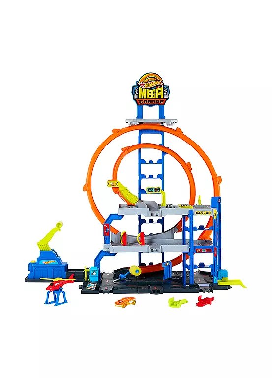 Hot Wheels Mega Loop Garage Playset with 1 Die-Cast Car and Helicopter