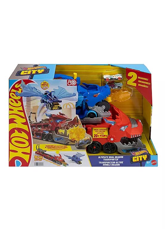 Hot Wheels City Ultimate Dual Dragon Transporter Toy Track Set with 2 Die-Cast Cars