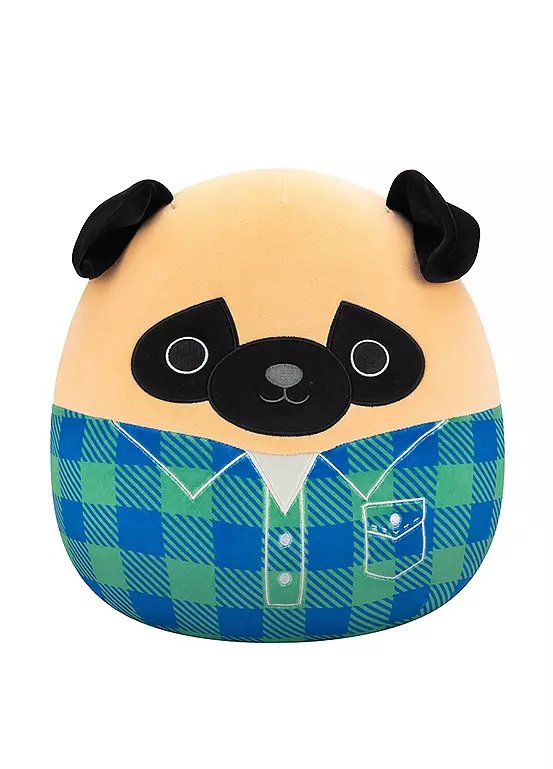 Squishmallows 12 Inch Prince The Brown Pug in Green and Blue Flannel Shirt