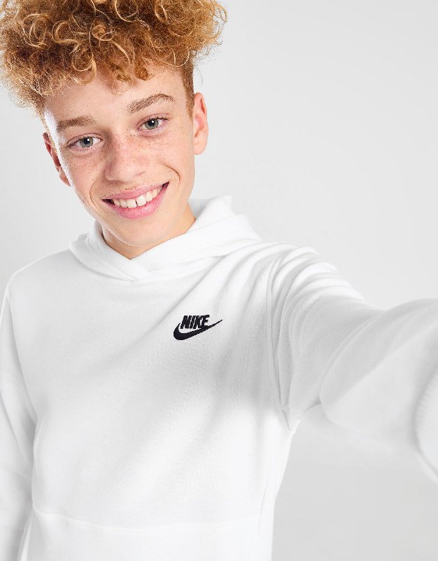 Nike Sportswear Club Fleece Older Kids' Pullover Hoodie - White/Black - Size XS