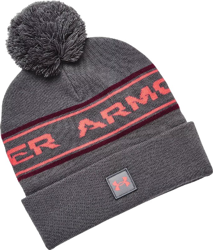 Under Armour Halftime Golf Pom Beanie Hat in Pitch Grey with Maroon Pom