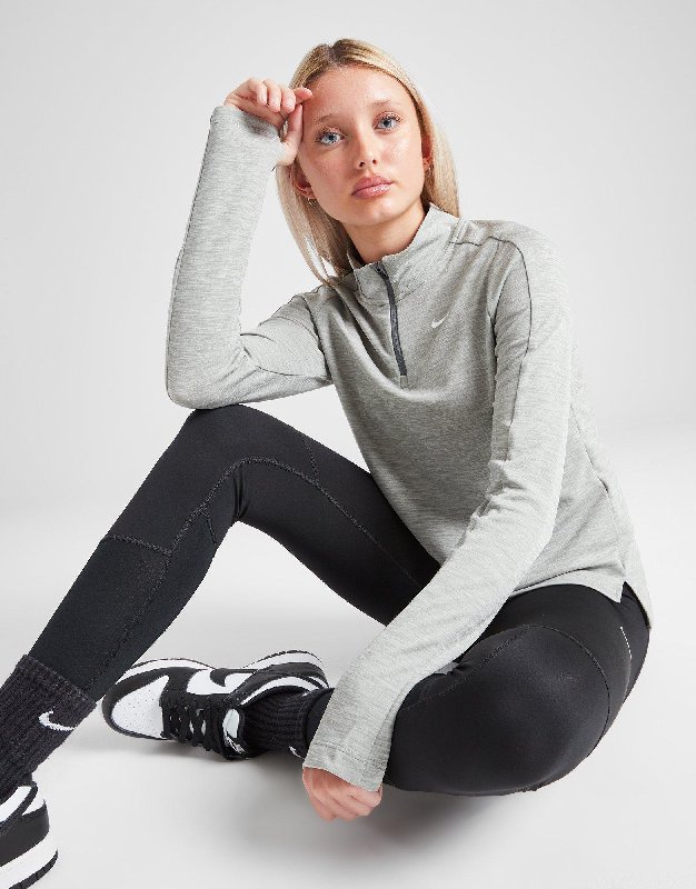 Nike Girls' Dri-FIT Long-Sleeve 1/4-Zip Top - Dark Grey Heather/White - Size XS