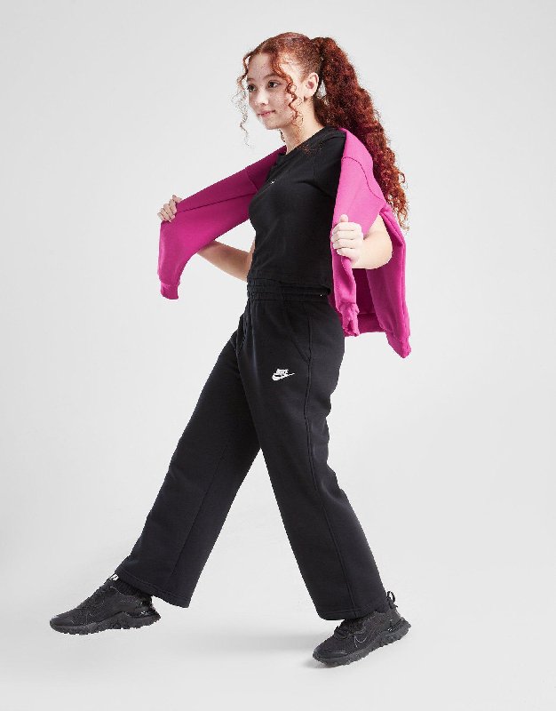 Nike Sportswear Club Fleece Girls' Wide-Leg Trousers - Black/Black/White - Size XS