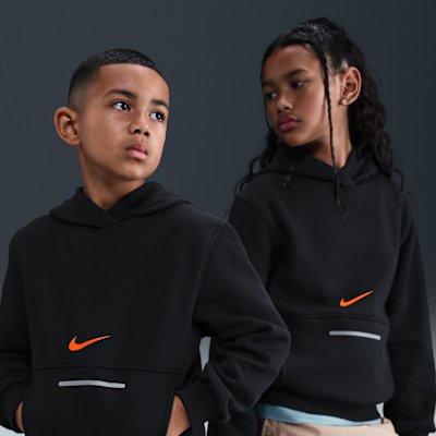 Nike Sportswear Club Fleece Older Kids' Hoodie - Black/Safety Orange - XS