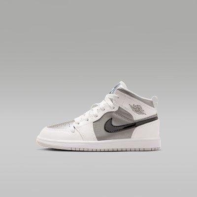 Jordan 1 Mid SE Younger Kids' Shoes - Photon Dust/Flat Pewter/Black/Blue Chill - Size 10.5C