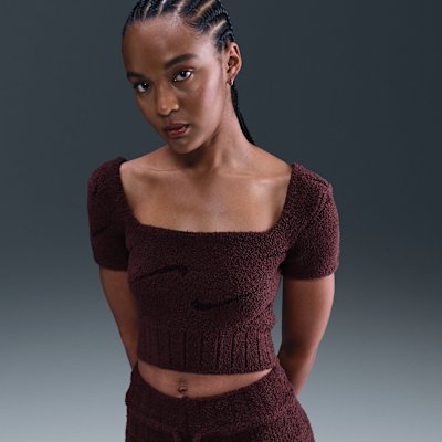Nike Sportswear Phoenix Cozy Bouclé Women's Short-Sleeve Cropped Knit Top - Burgundy Crush - Size XS