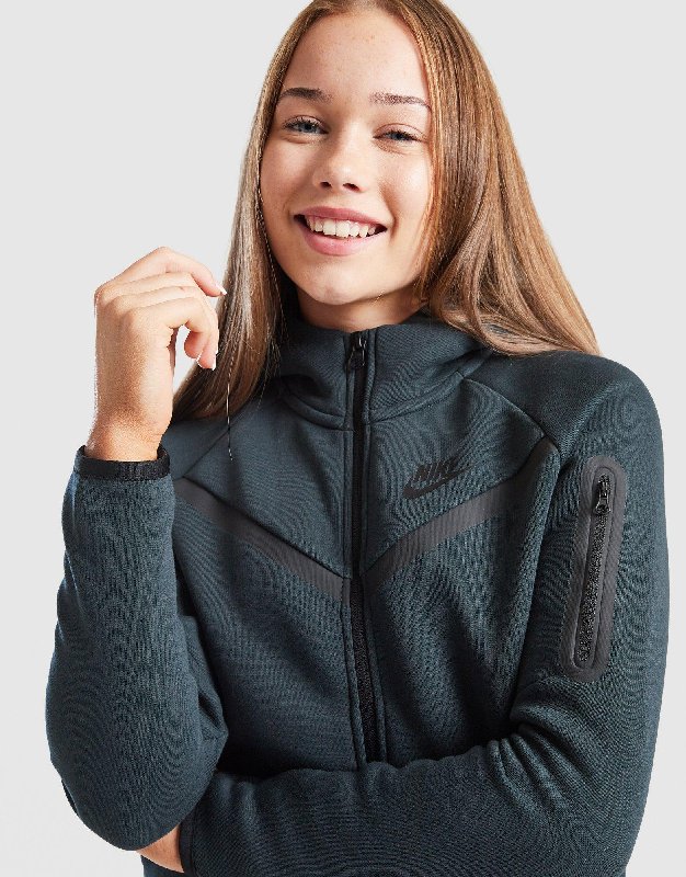 Nike Sportswear Tech Fleece Girls' Full-Zip Hoodie - Seaweed/Black/Black - Size XS