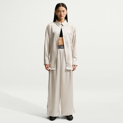 Nike Sportswear Women's Loose Mid-Rise Satin Trousers - Light Bone/Black - Size XS