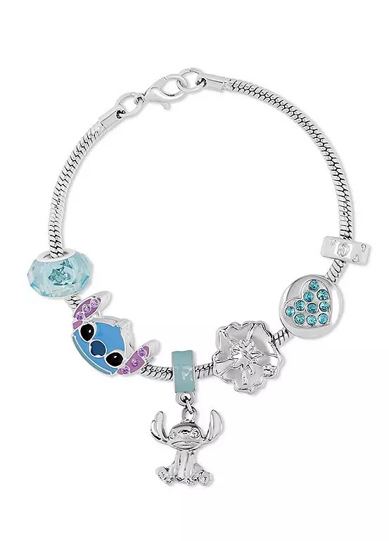 Disney Stitch Silver Plated Charm Bracelet with Blue Beads and Gift Box