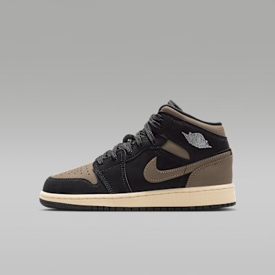 Air Jordan 1 Mid SE Older Kids' Shoes - Black/Light Wild Mango/Muslin/Olive Grey - Size 3.5Y