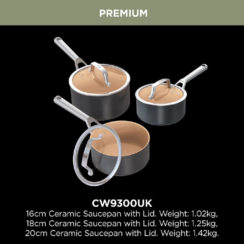 Ninja 3 Piece Extended Life Ceramic Aluminium Saucepan Set with 16cm, 18cm & 20cm Pans