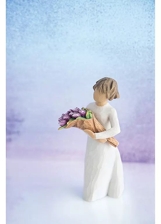 Willow Tree 'Surprise' Figurine - Hand-Painted Cast Stone Sculpture with Purple Tulips