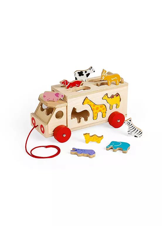 Bigjigs Toys Animal Shape Lorry Wooden Shape Sorter with 10 Animal Shapes