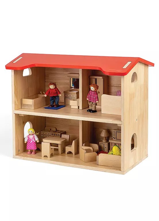BIGJIGS Toys Wooden Dolls House with Furniture, 48 x 42 x 32cm