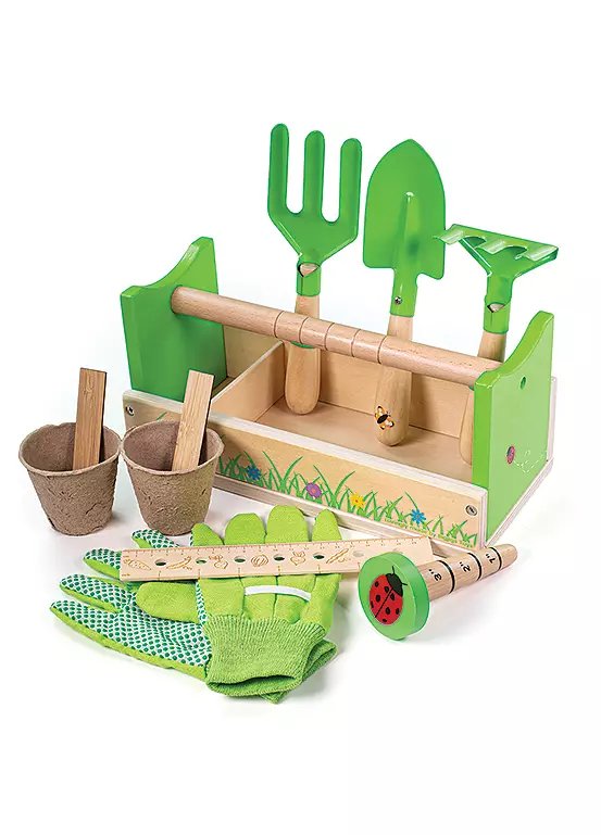 Bigjigs Toys Kids Wooden Gardening Caddy with Tools and Accessories