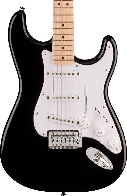 Squier Sonic Stratocaster Electric Guitar in Black with Maple Fingerboard and White Pickguard