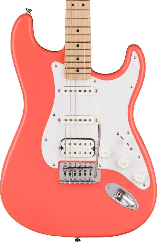 Squier Sonic Stratocaster HSS Electric Guitar, Maple Fingerboard, White Pickguard, Tahitian Coral