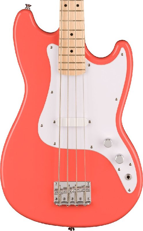 Squier Sonic Bronco Bass Guitar with Maple Fingerboard, White Pickguard in Tahitian Coral