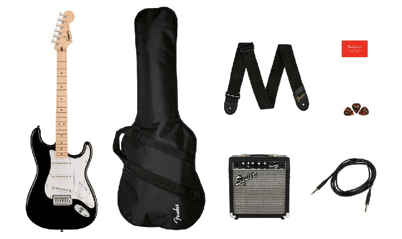 Squier Sonic Stratocaster Black Electric Guitar Starter Pack with Amp and Gig Bag