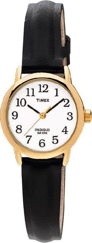 Timex Ladies Easy Reader Quartz Watch with Black Leather Strap, Gold Case and Indiglo