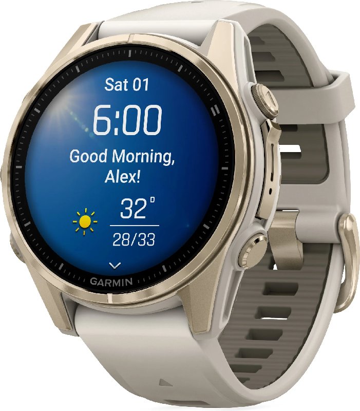 Garmin Fenix 8 43mm Smartwatch with Gold Tone Bezel and Sandstone Silicone Strap