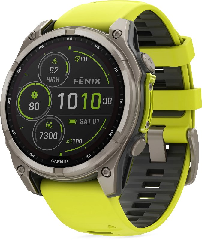 Garmin Fenix 8 47mm Sapphire Solar Smartwatch with Titanium Bezel and Neon Yellow Silicone Strap