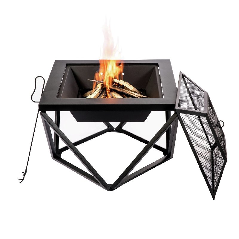 Teamson Home PT-FW0002 Geometric Wood Burning Fire Pit with Cover and Grill, 60cm