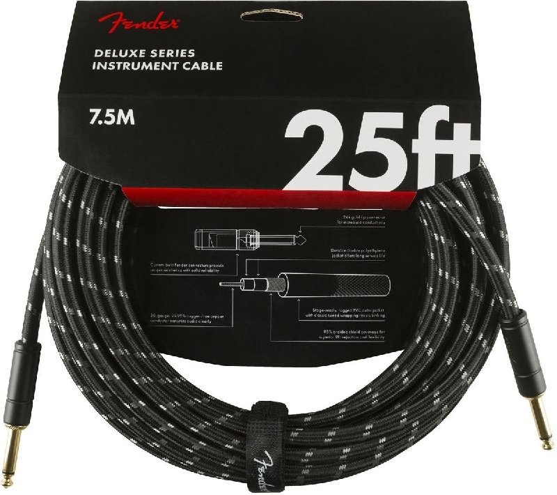 Fender Deluxe Series Instrument Cable, Straight/Straight, 25 ft, Black Tweed
