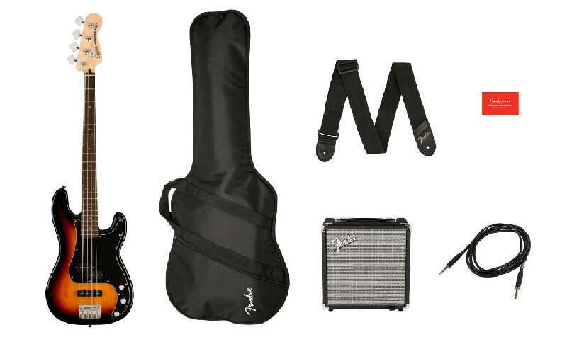 Squier Affinity Precision Bass PJ Pack with Rumble 15W Amp in 3-Color Sunburst