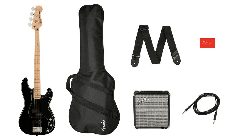 Squier Affinity Precision Bass PJ Pack in Black with Rumble 15W Amp, Gig Bag, Strap and Cable