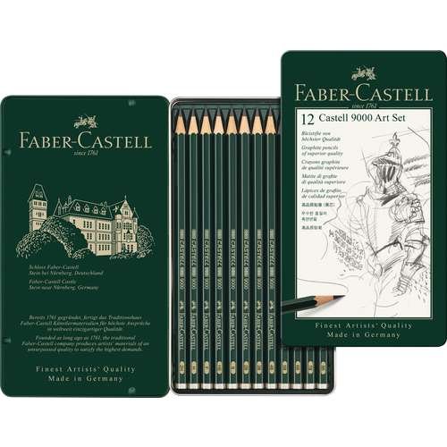 Faber-Castell Castell 9000 Art Set Pencils - 12 Pencil Tin with 8B to 2H Graphite Grades