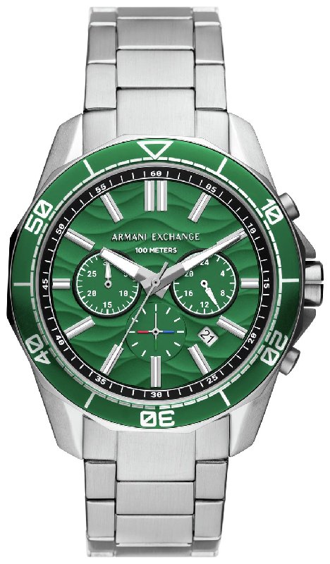 Armani Exchange AX1957 Men's Chronograph Watch with Green Dial and Stainless Steel Bracelet, 44mm