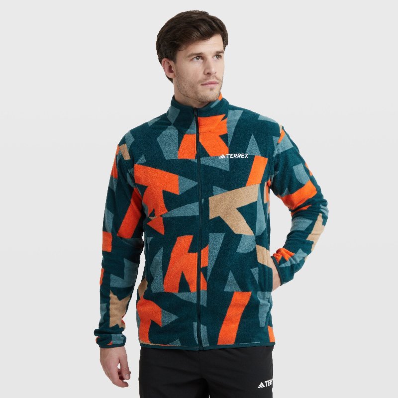 adidas Terrex Men’s Multi-Printed Full-Zip Fleece Jacket, Aurora Ivy/Semi Impact Orange