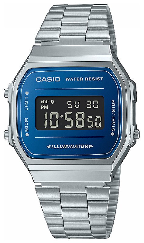 Casio Vintage Retro Digital Watch with Blue Dial and Silver Bracelet, Model A168WEM-2BEF