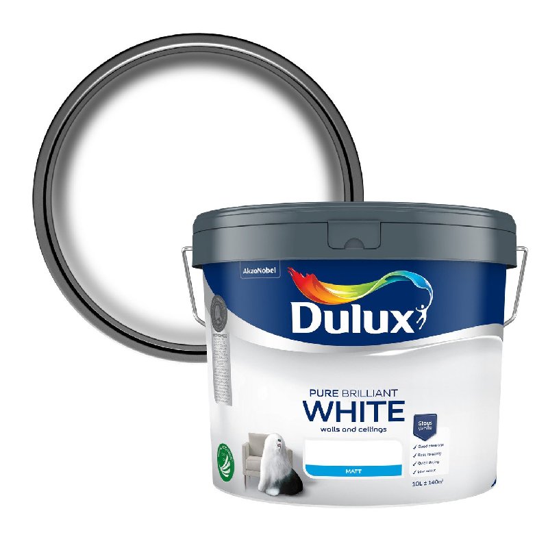 Dulux Walls & Ceilings Pure Brilliant White Matt Emulsion Paint, 10L