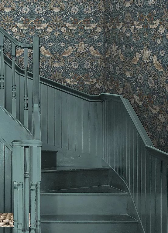 William Morris at Home Strawberry Thief Washed Blue Wallpaper