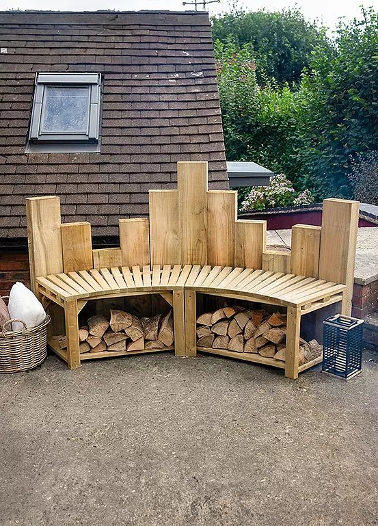 Forest Garden 2 Seater Curved Wooden Firepit Bench in Natural Finish