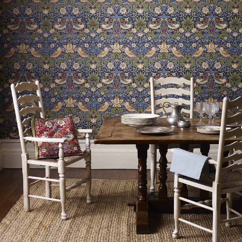 Morris & Co. Strawberry Thief Blue Floral Flock-Effect Wallpaper Roll