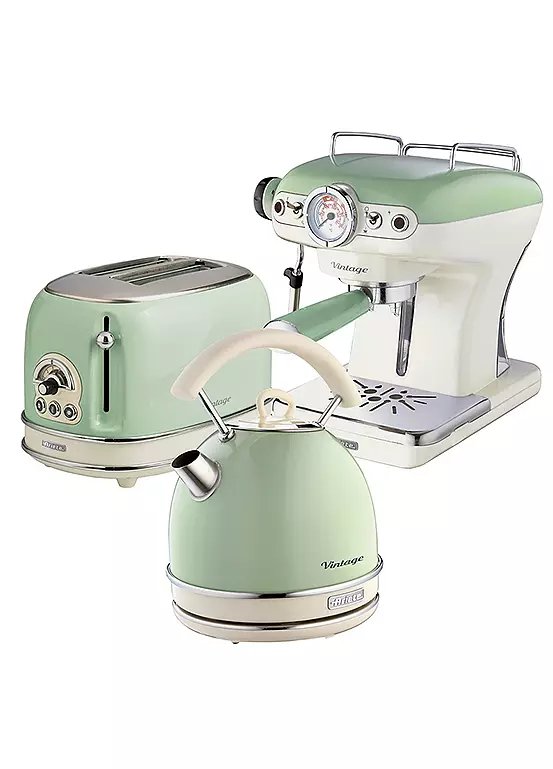 Ariete ARPK17 Vintage Retro Dome Kettle, Toaster and Espresso Coffee Machine Set in Green